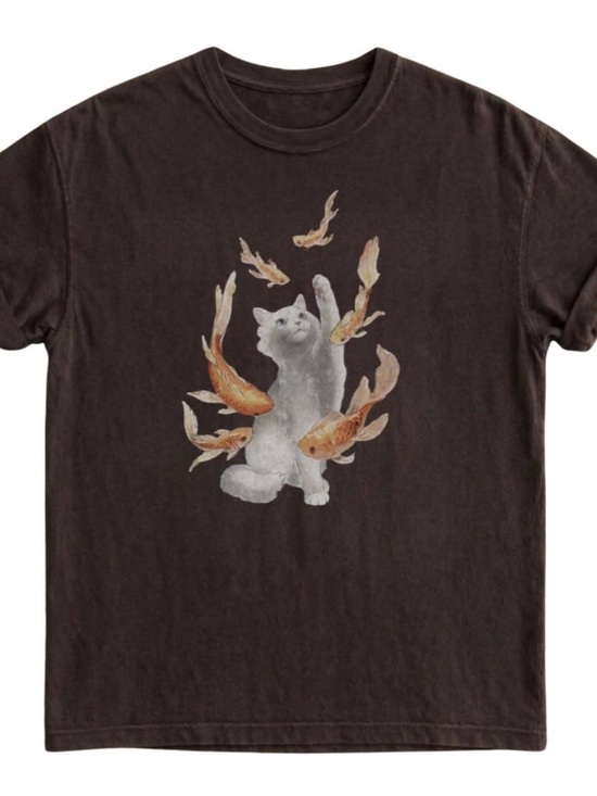 Gildan Tops - Gildan Dark Chocolate Tee with Gray Cat and Orange Koi Graphic